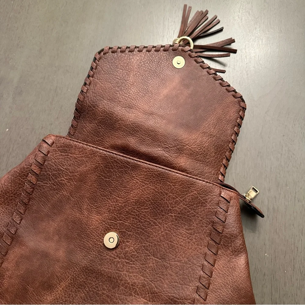 ALYSSA Faux Vegan Leather Whipstitch Brown Backpack New - Picture 5 of 13